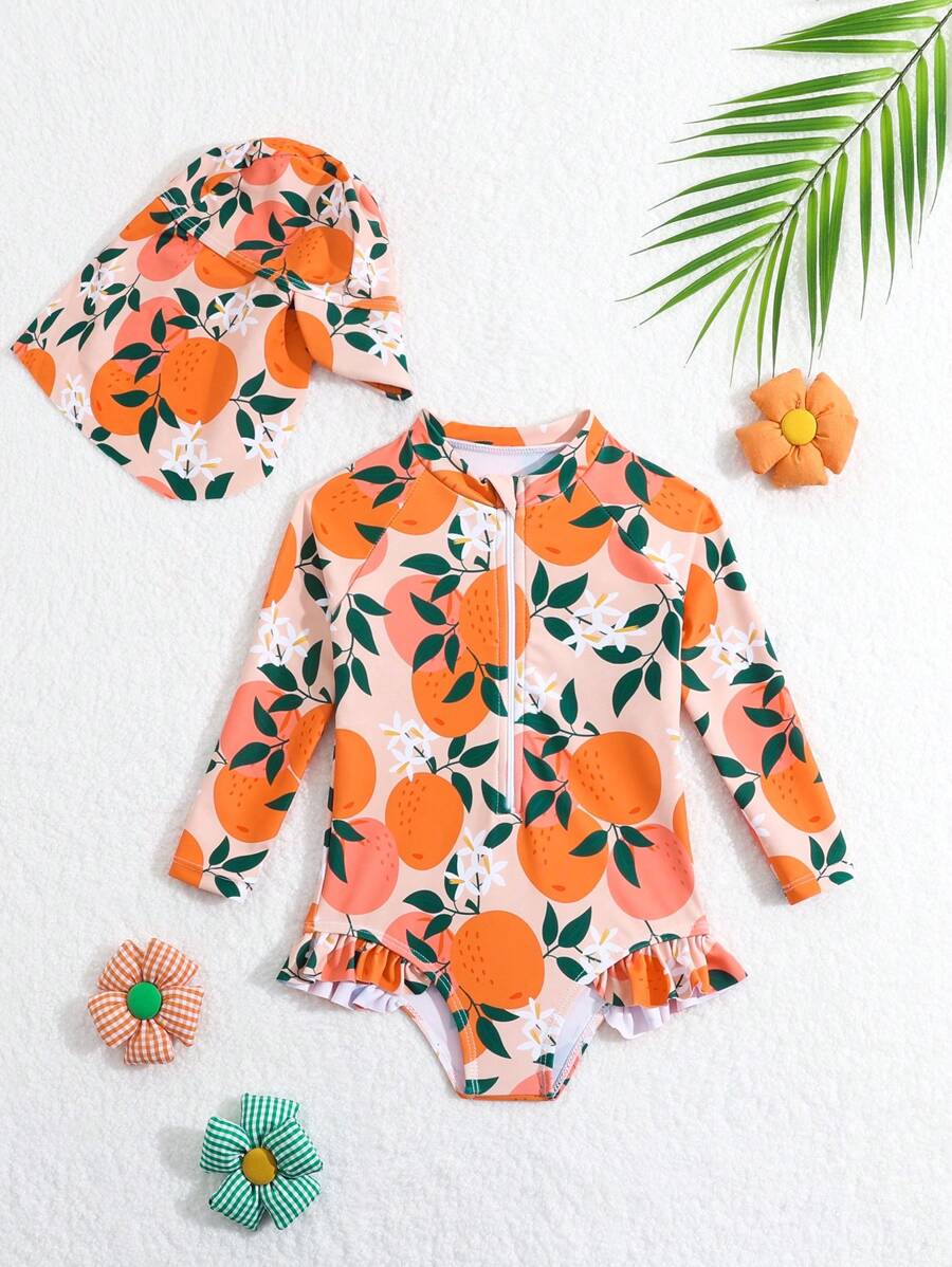 Baby Girls Orange Print One Piece Swimsuit With Hat Summer Beachwear Set