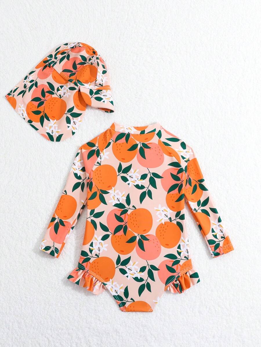 Baby Girls Orange Print One Piece Swimsuit With Hat Summer Beachwear Set