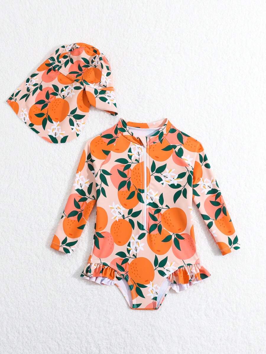 Baby Girls Orange Print One Piece Swimsuit With Hat Summer Beachwear Set