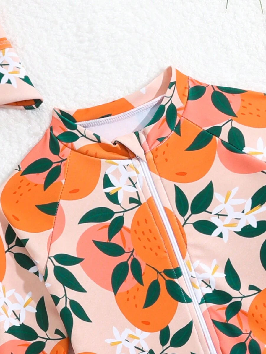 Baby Girls Orange Print One Piece Swimsuit With Hat Summer Beachwear Set