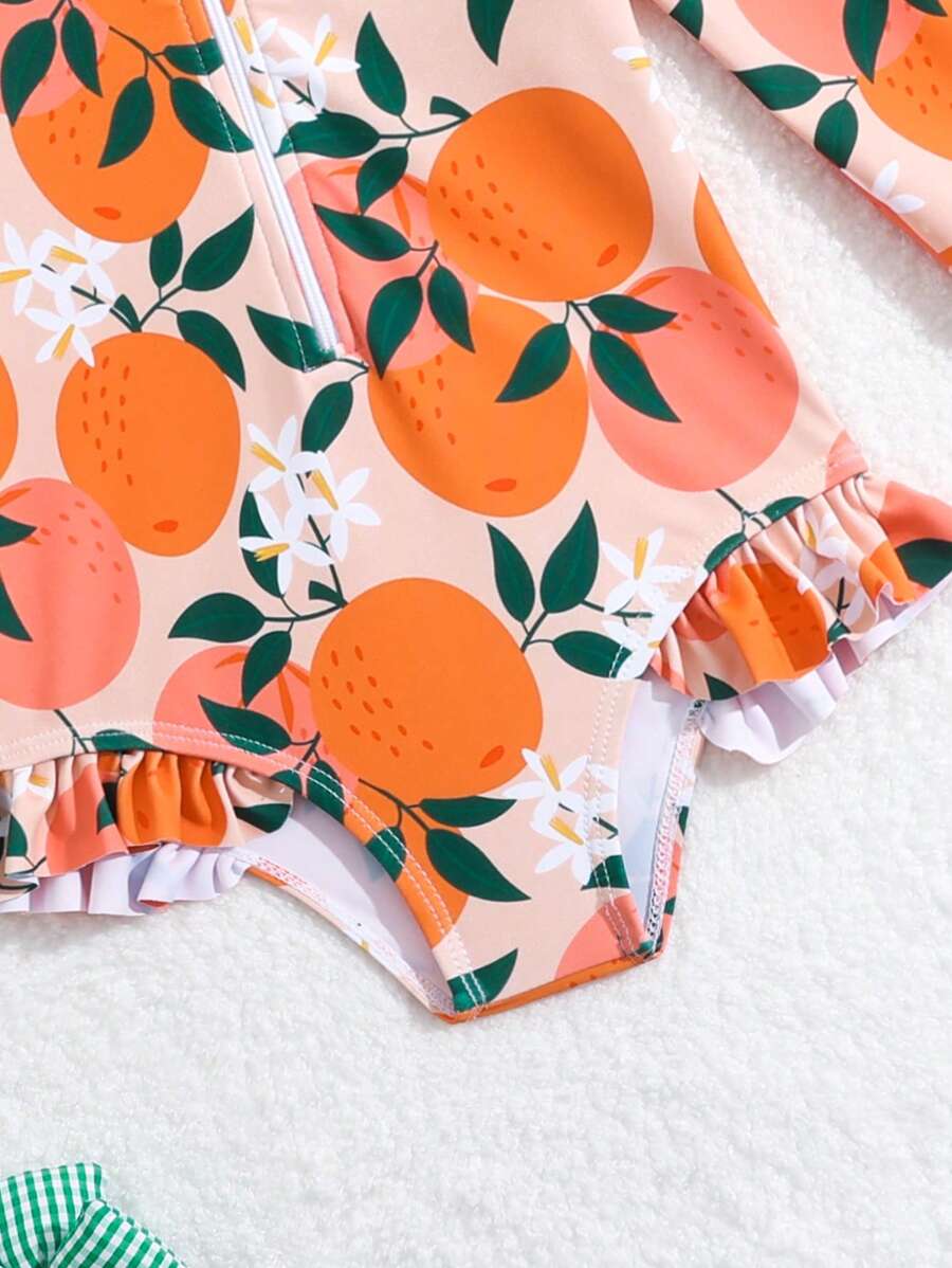Baby Girls Orange Print One Piece Swimsuit With Hat Summer Beachwear Set