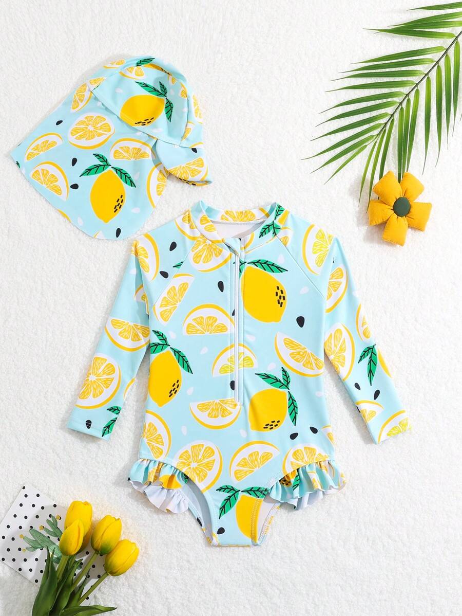 Baby Girls Orange Print One Piece Swimsuit With Hat Summer Beachwear Set