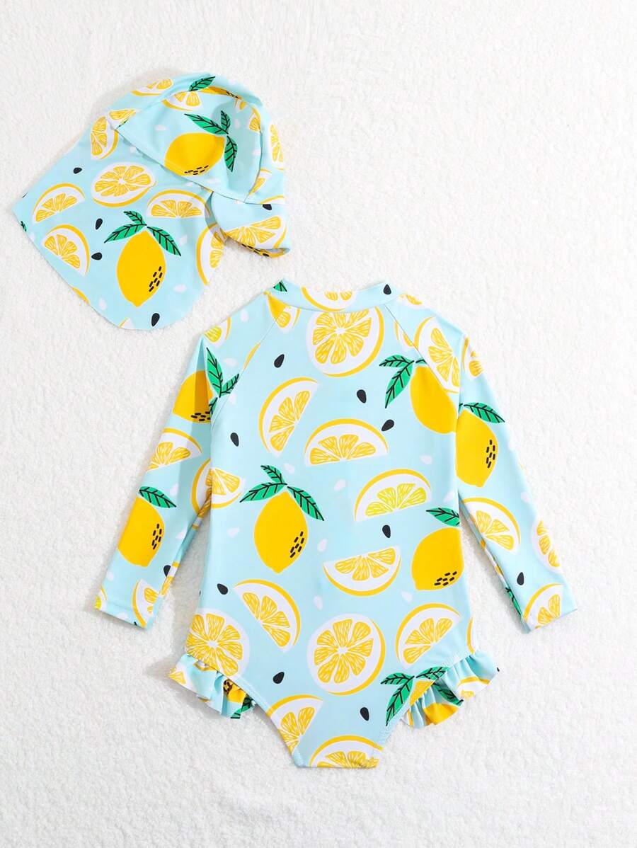 Baby Girls Orange Print One Piece Swimsuit With Hat Summer Beachwear Set