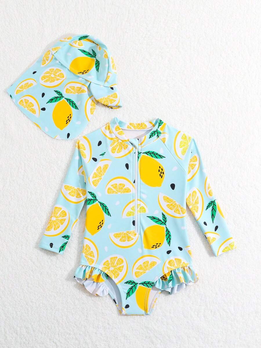 Baby Girls Orange Print One Piece Swimsuit With Hat Summer Beachwear Set