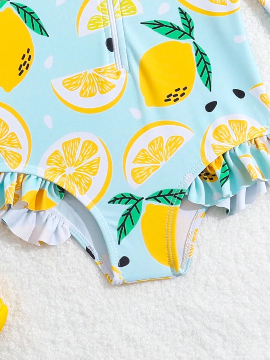 Baby Girls Orange Print One Piece Swimsuit With Hat Summer Beachwear Set