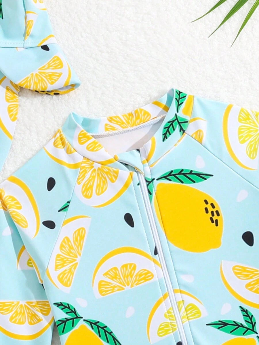 Baby Girls Orange Print One Piece Swimsuit With Hat Summer Beachwear Set