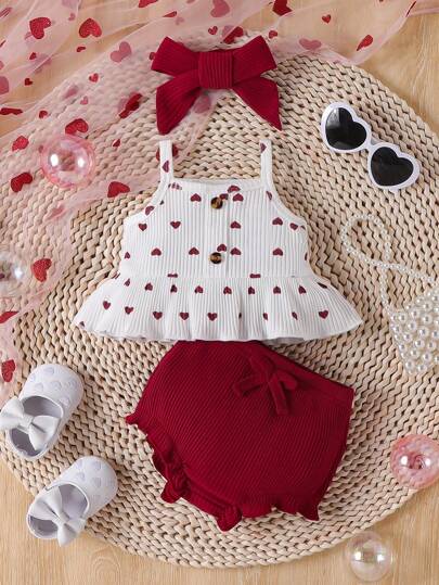 Baby Girl Heart Print Camisole Top and Shorts Set for Cute Summer Daily Wear