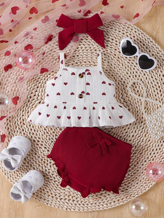 Baby Girl Heart Print Camisole Top and Shorts Set for Cute Summer Daily Wear