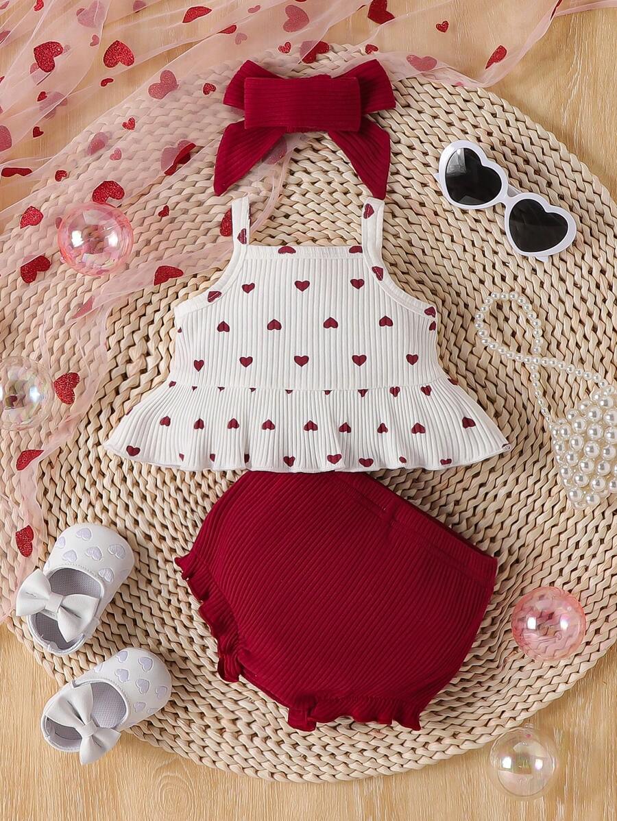 Baby Girl Heart Print Camisole Top and Shorts Set for Cute Summer Daily Wear