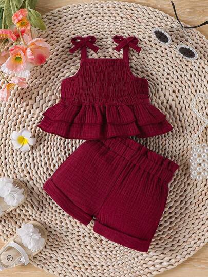 2PCS Baby Shirred Cami Top and Shorts Set for Cute Summer Daily Wear