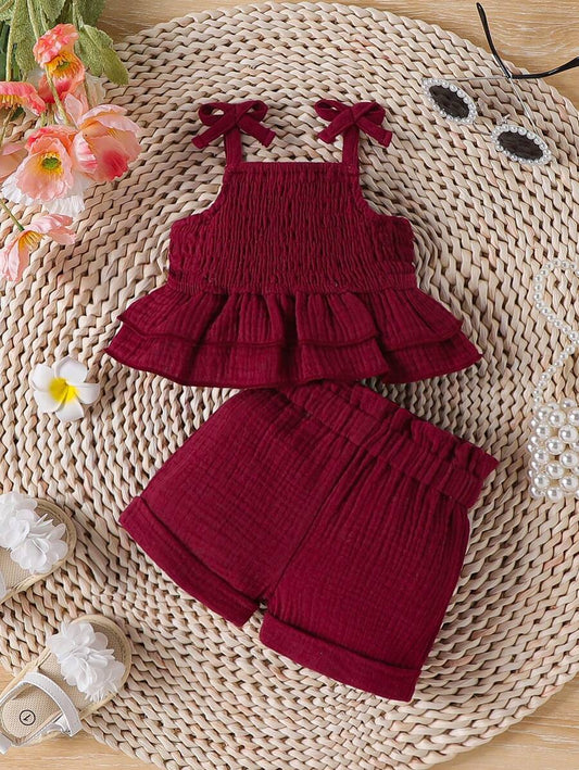 2PCS Baby Shirred Cami Top and Shorts Set for Cute Summer Daily Wear