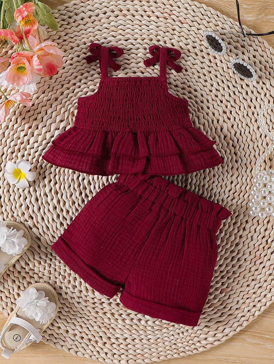 2PCS Baby Shirred Cami Top and Shorts Set for Cute Summer Daily Wear