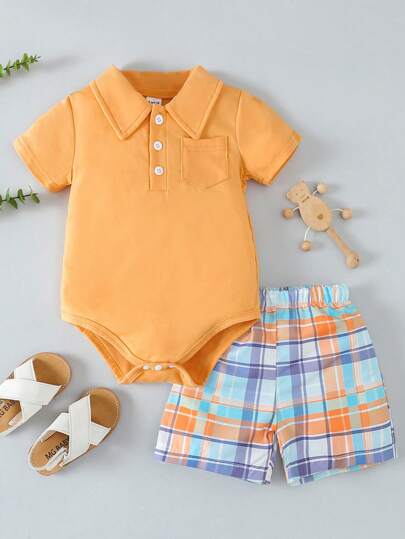 Baby Boy Short Sleeve Bodysuit with Plaid Shorts 2 Piece Casual Spring Summer Outfit Set