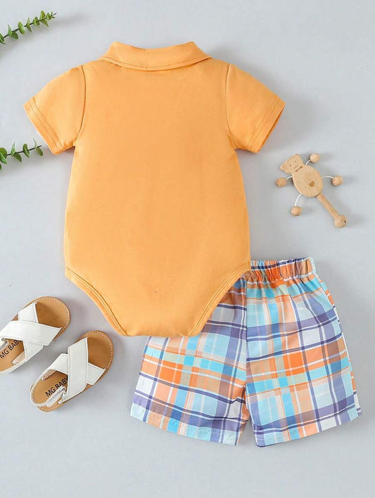 Baby Boy Short Sleeve Bodysuit with Plaid Shorts 2 Piece Casual Spring Summer Outfit Set