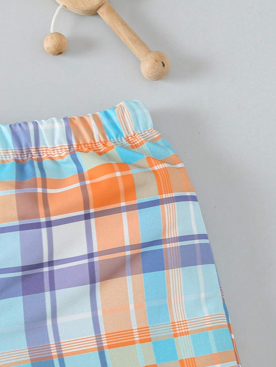 Baby Boy Short Sleeve Bodysuit with Plaid Shorts 2 Piece Casual Spring Summer Outfit Set