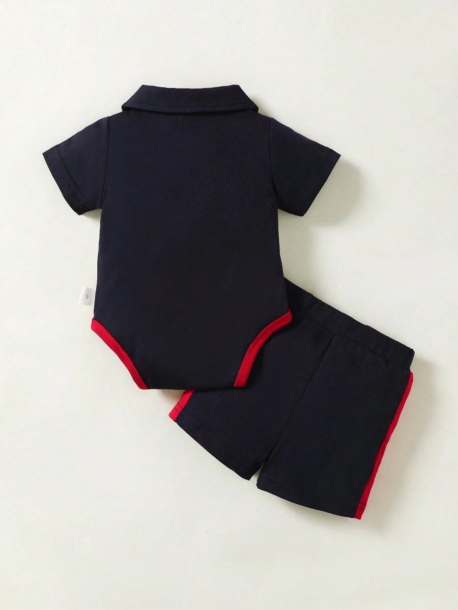 Baby Boys Colorblock Polo Collar Bodysuit and Shorts Set for Casual Summer Wear