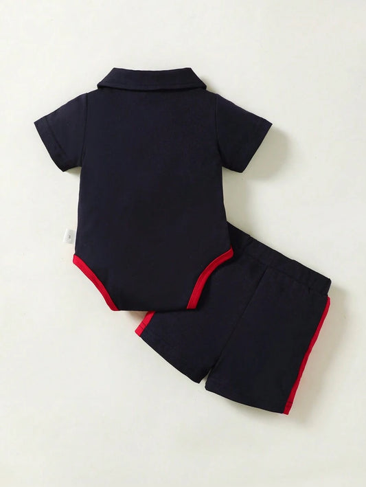 Baby Boys Colorblock Polo Collar Bodysuit and Shorts Set for Casual Summer Wear