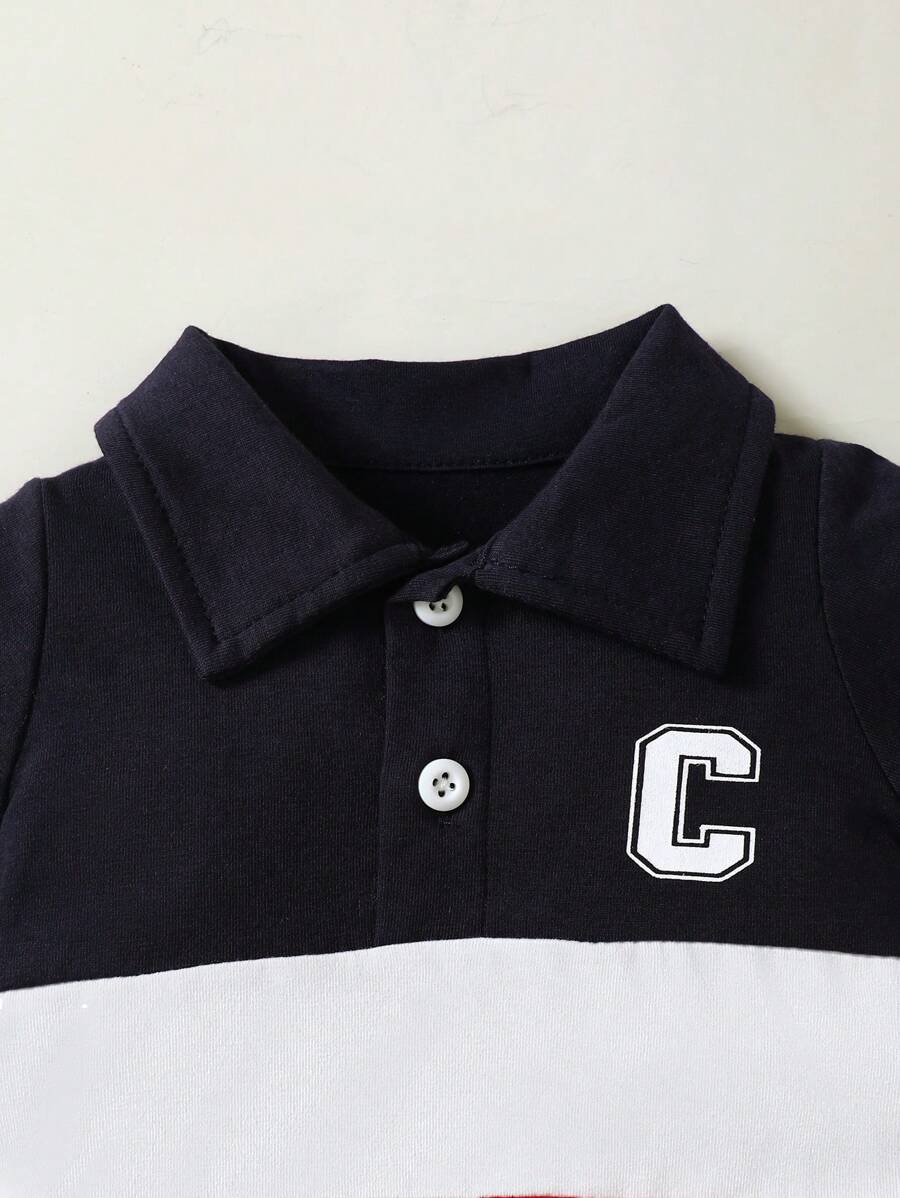 Baby Boys Colorblock Polo Collar Bodysuit and Shorts Set for Casual Summer Wear