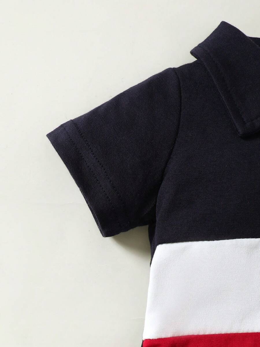 Baby Boys Colorblock Polo Collar Bodysuit and Shorts Set for Casual Summer Wear