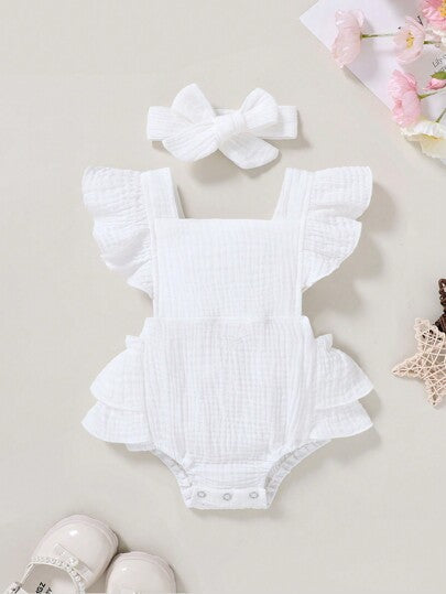 Baby Ruffle Trim Bodysuit Dress and Headband Set for Cute Daily Wear