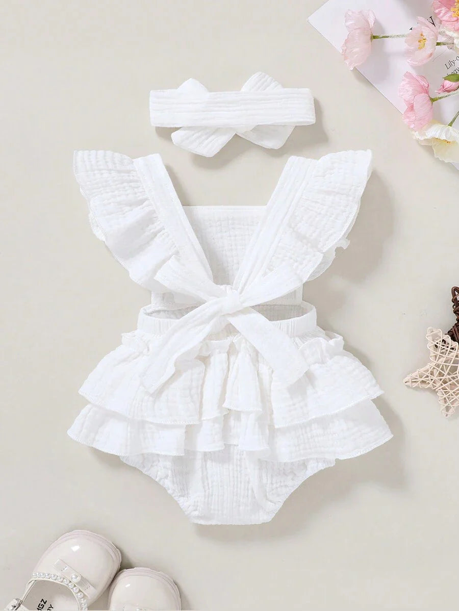 Baby Ruffle Trim Bodysuit Dress and Headband Set for Cute Daily Wear