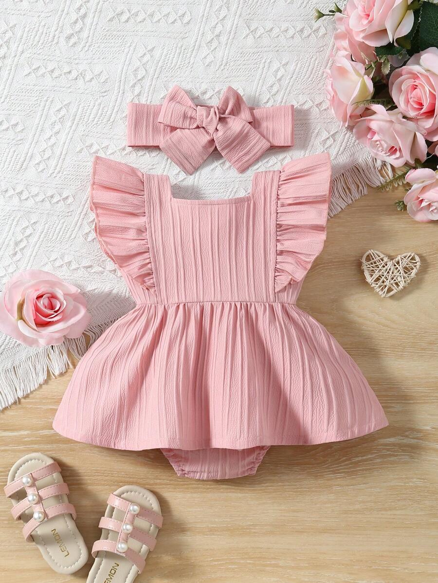 Baby Girl 2pcs Summer Clothes Set - Blue Jacquard Ruffle Romper and Headband