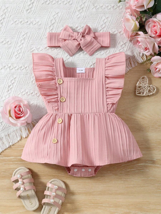 Baby Girl 2pcs Summer Clothes Set - Blue Jacquard Ruffle Romper and Headband