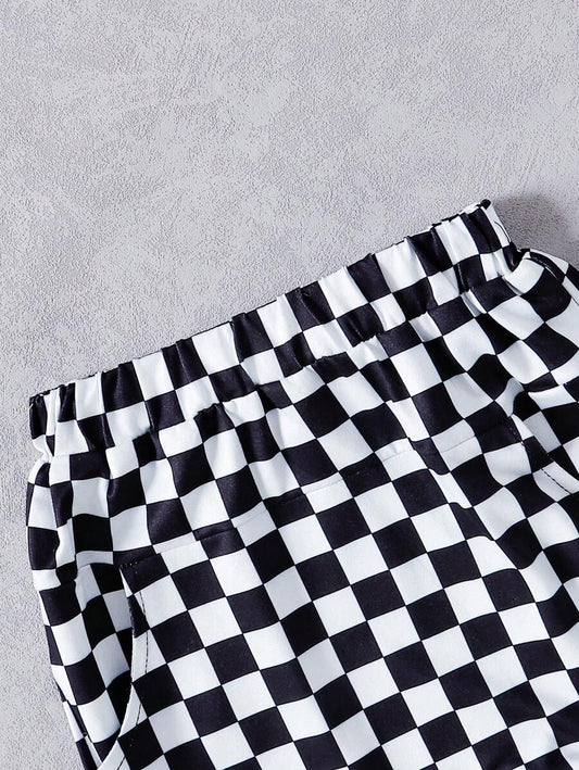 Simple Fashionable Baby Boy Summer Outfit: Pocket Tee and Plaid Shorts
