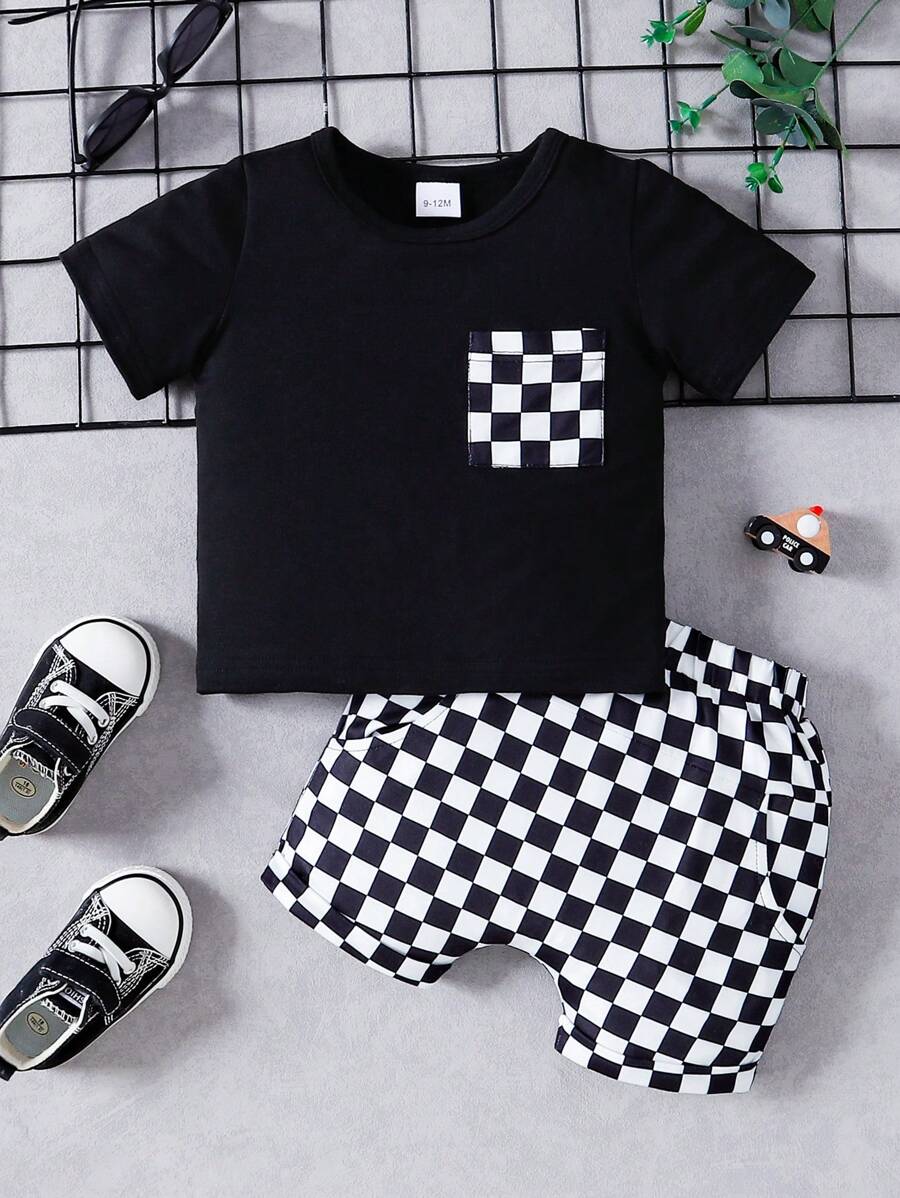 Simple Fashionable Baby Boy Summer Outfit: Pocket Tee and Plaid Shorts