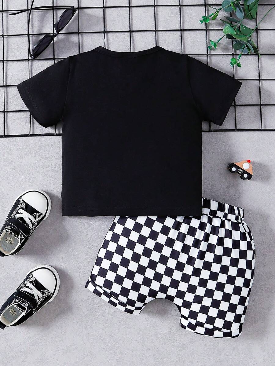 Simple Fashionable Baby Boy Summer Outfit: Pocket Tee and Plaid Shorts