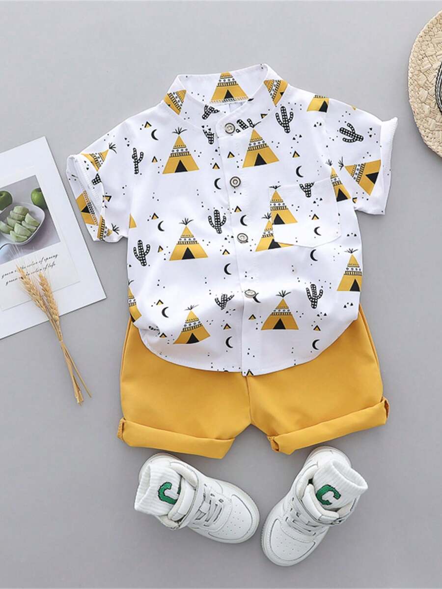 Cute Full Collar Summer Outfit For Toddler Boys Cartoon Shirt And Shorts