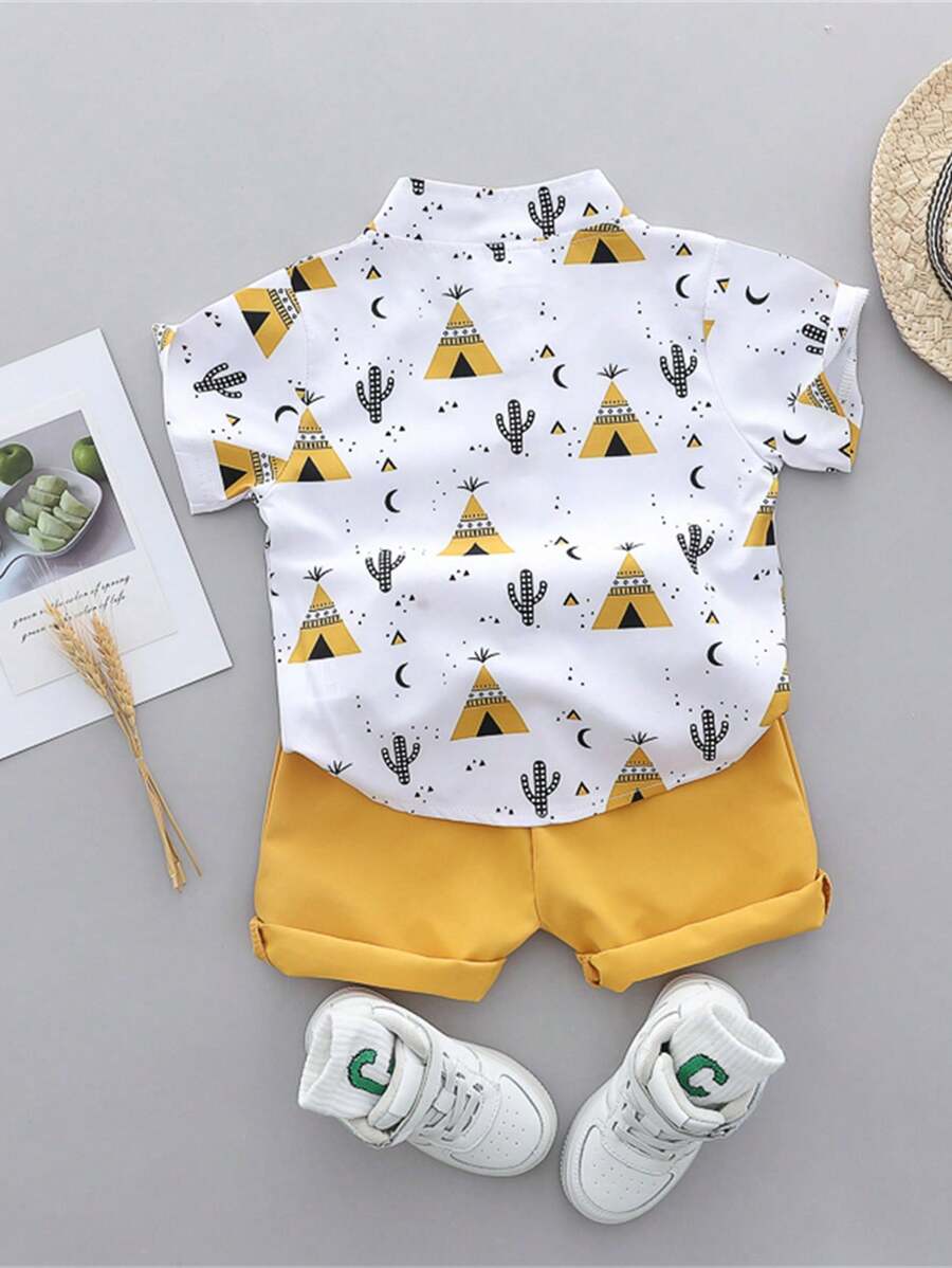 Cute Full Collar Summer Outfit For Toddler Boys Cartoon Shirt And Shorts