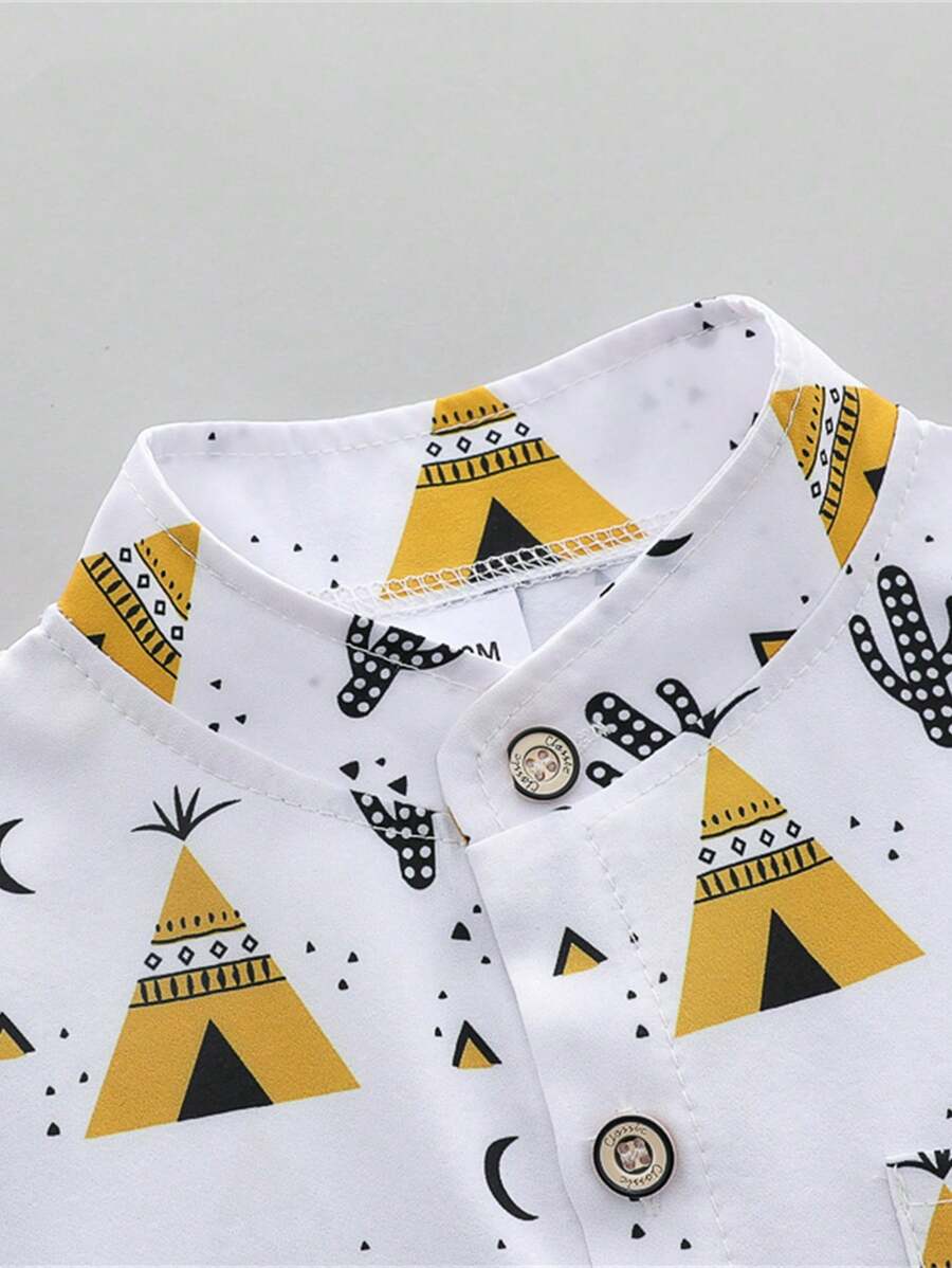 Cute Full Collar Summer Outfit For Toddler Boys Cartoon Shirt And Shorts