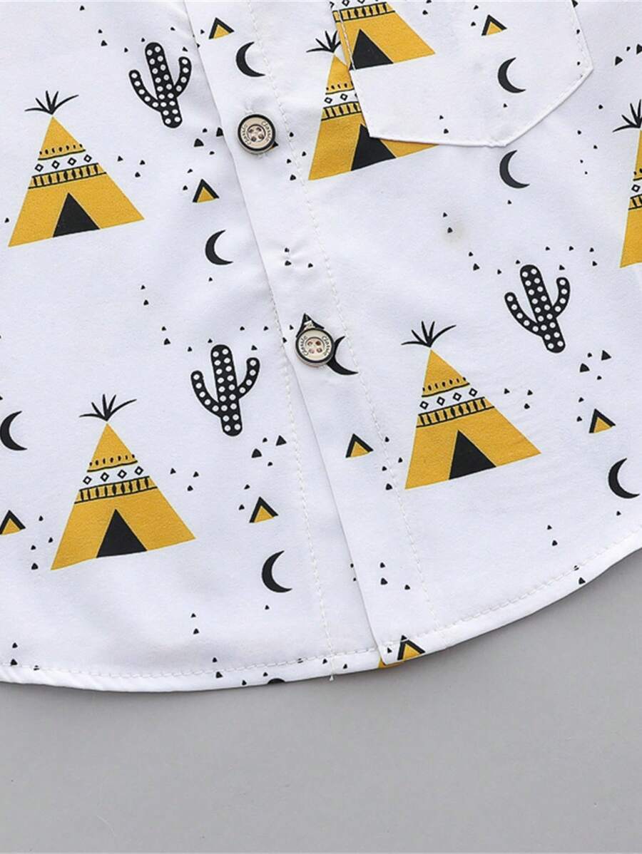 Cute Full Collar Summer Outfit For Toddler Boys Cartoon Shirt And Shorts
