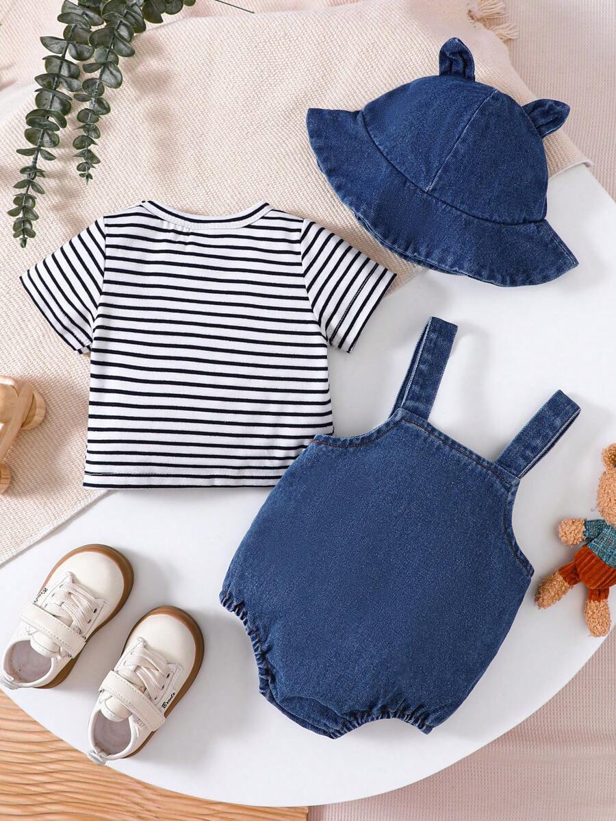 2PCS Baby Boy Striped T Shirt and Bear Suspender Shorts Set for Cute Summer Daily Wear