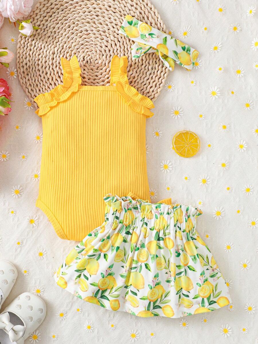 Baby Girl 2026 Summer 3pcs Buttoned Bodysuit and Lemon Skirt Set with Headband
