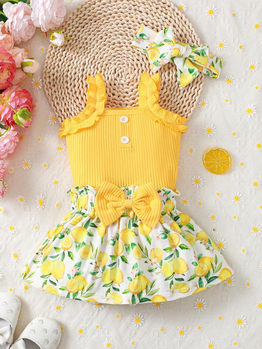 Baby Girl 2026 Summer 3pcs Buttoned Bodysuit and Lemon Skirt Set with Headband