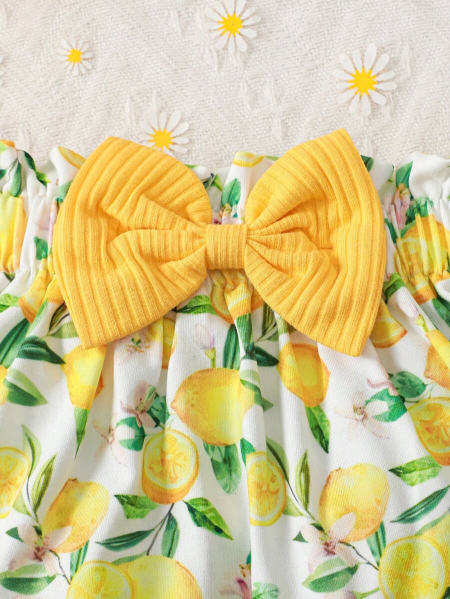 Baby Girl 2026 Summer 3pcs Buttoned Bodysuit and Lemon Skirt Set with Headband