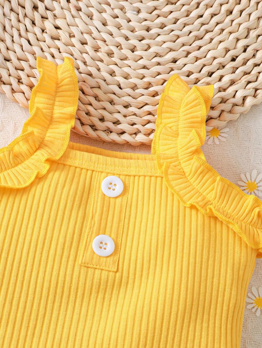 Baby Girl 2026 Summer 3pcs Buttoned Bodysuit and Lemon Skirt Set with Headband