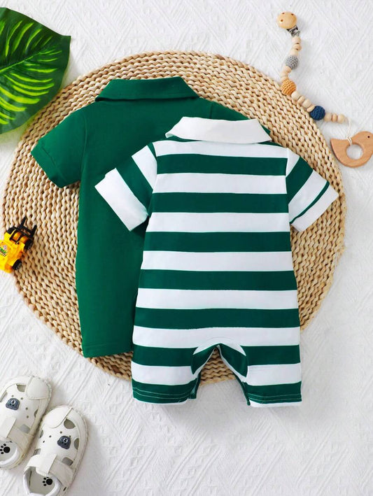 2PCS Baby Color Block Stripe Collared Romper and Shorts Set for Casual Daily Wear