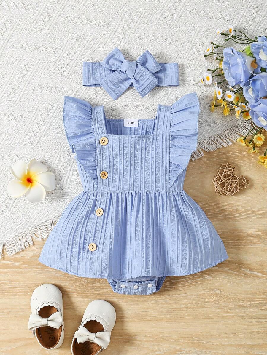 Baby Girl 2pcs Summer Clothes Set - Blue Jacquard Ruffle Romper and Headband