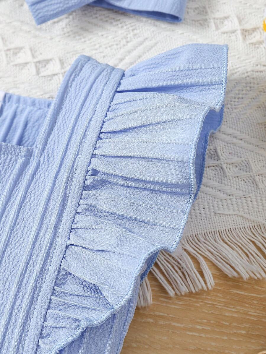 Baby Girl 2pcs Summer Clothes Set - Blue Jacquard Ruffle Romper and Headband