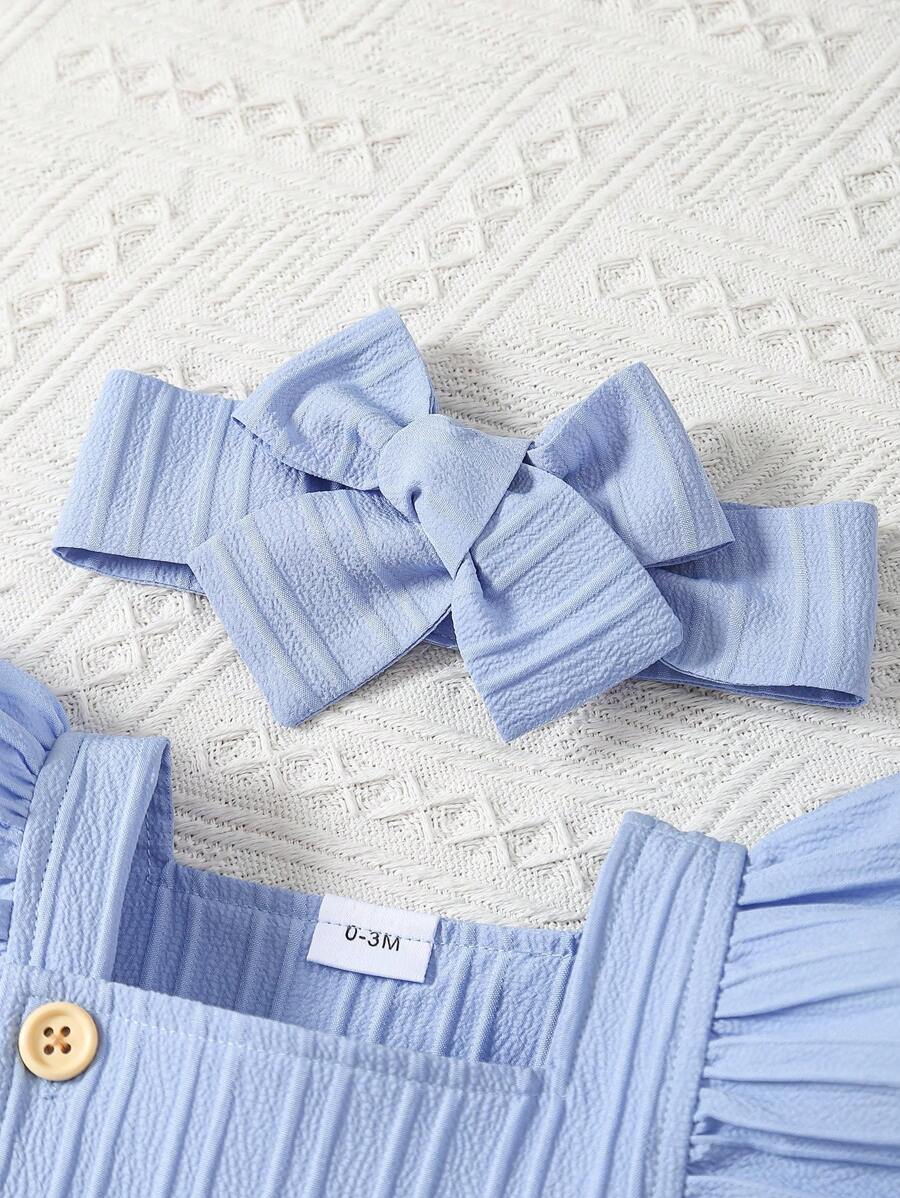 Baby Girl 2pcs Summer Clothes Set - Blue Jacquard Ruffle Romper and Headband
