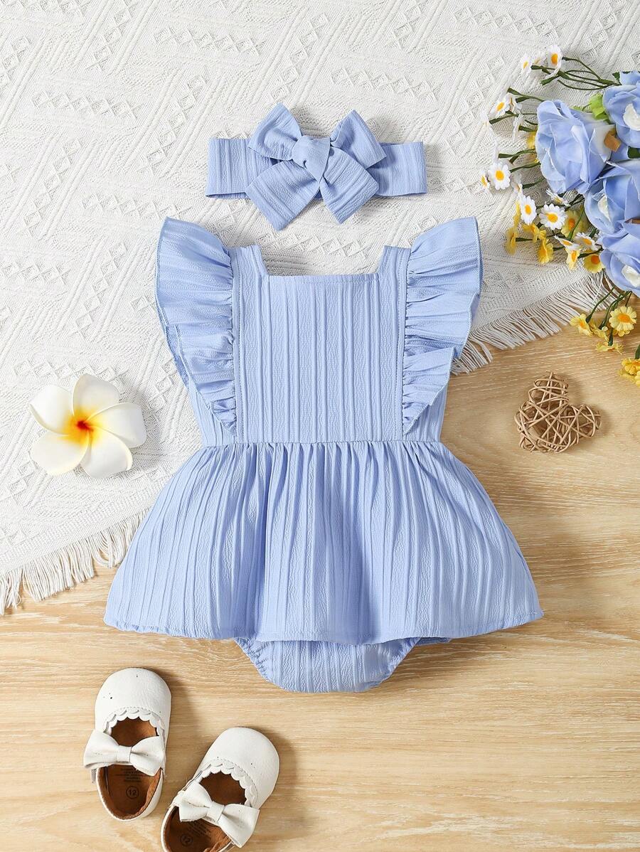 Baby Girl 2pcs Summer Clothes Set - Blue Jacquard Ruffle Romper and Headband