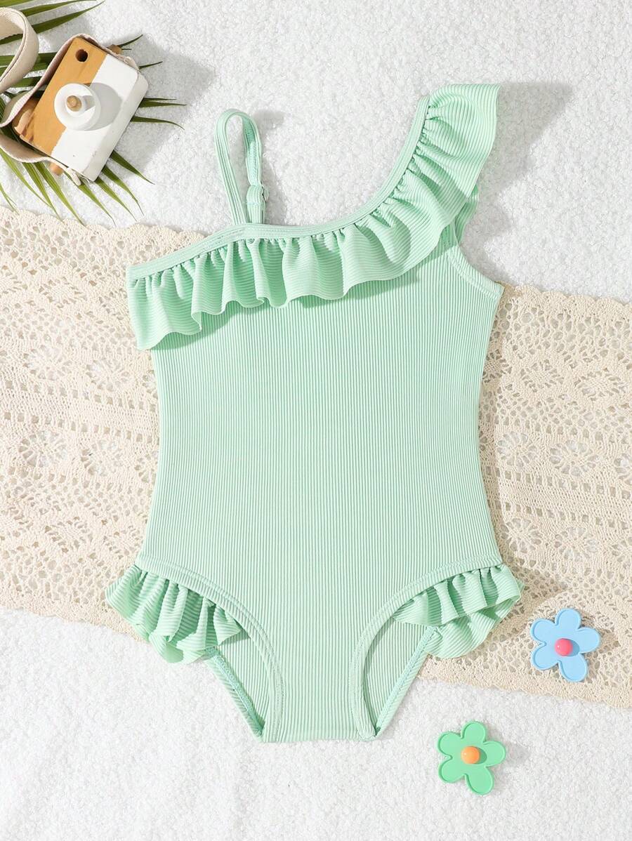 Neon Ruffled Swimwear For Toddler Girls Stylish One Shoulder Beach Outfit