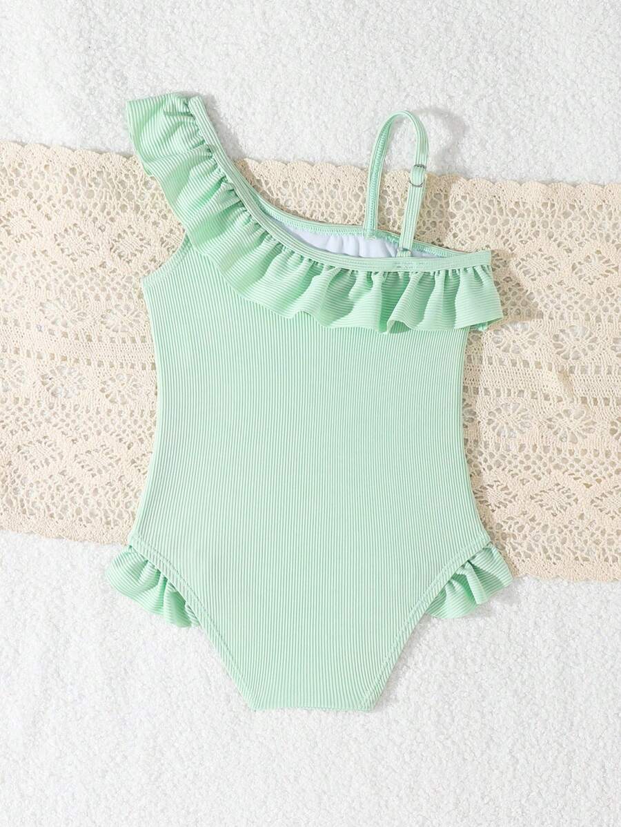 Neon Ruffled Swimwear For Toddler Girls Stylish One Shoulder Beach Outfit