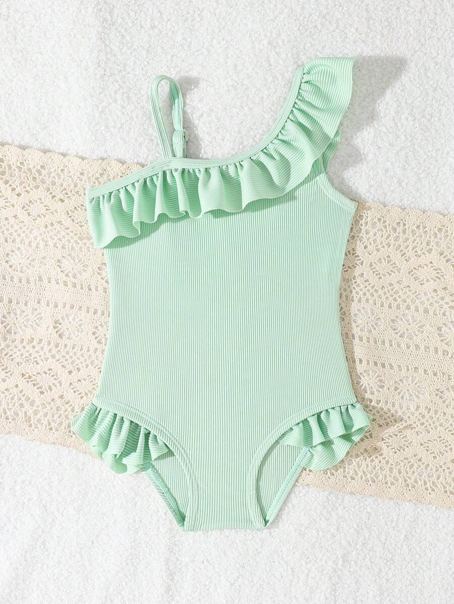 Neon Ruffled Swimwear For Toddler Girls Stylish One Shoulder Beach Outfit