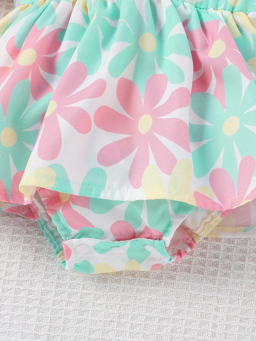 2pcs Baby Girl Floral Romper Set - Sleeveless Ruffle Jumpsuit with Matching Sun Hat