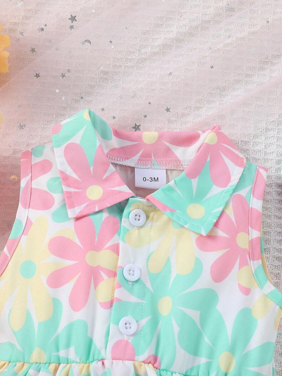 2pcs Baby Girl Floral Romper Set - Sleeveless Ruffle Jumpsuit with Matching Sun Hat