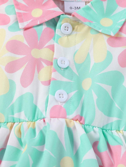 2pcs Baby Girl Floral Romper Set - Sleeveless Ruffle Jumpsuit with Matching Sun Hat